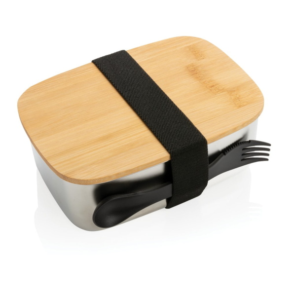 Kitchen Stainless steel lunchbox with bamboo lid and spork