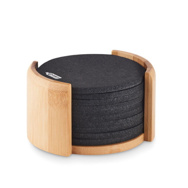 Kitchen RPET coasters in bamboo holder